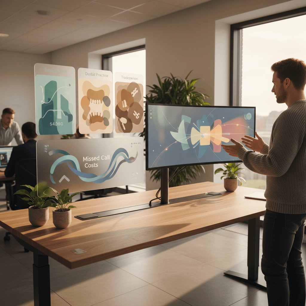 Infographic showing a cost breakdown calculator with example figures for different UK industries (estate agent, dental practice, tradesperson) displaying missed call costs
