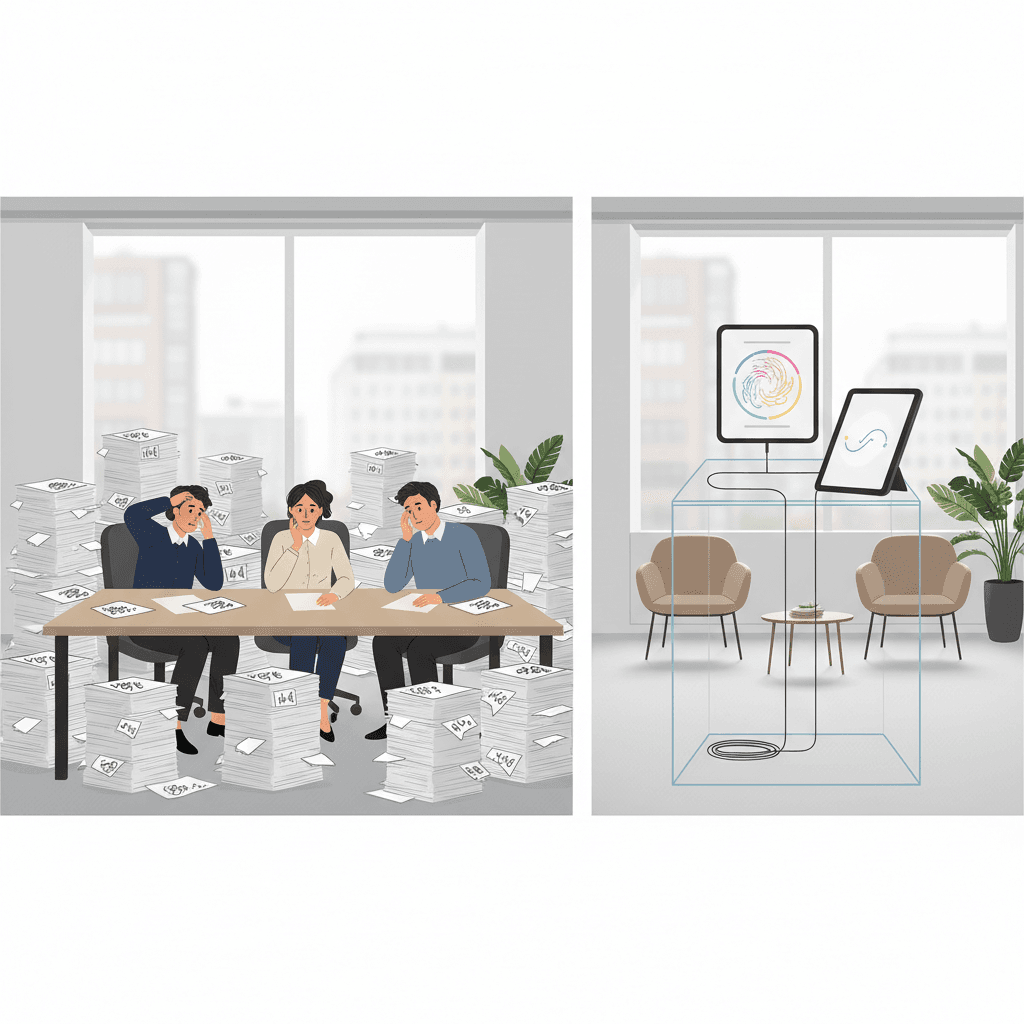Split-screen illustration: left side shows frustrated HR team with stacks of rejected CVs, right side shows simple plug-and-play AI assistant setup