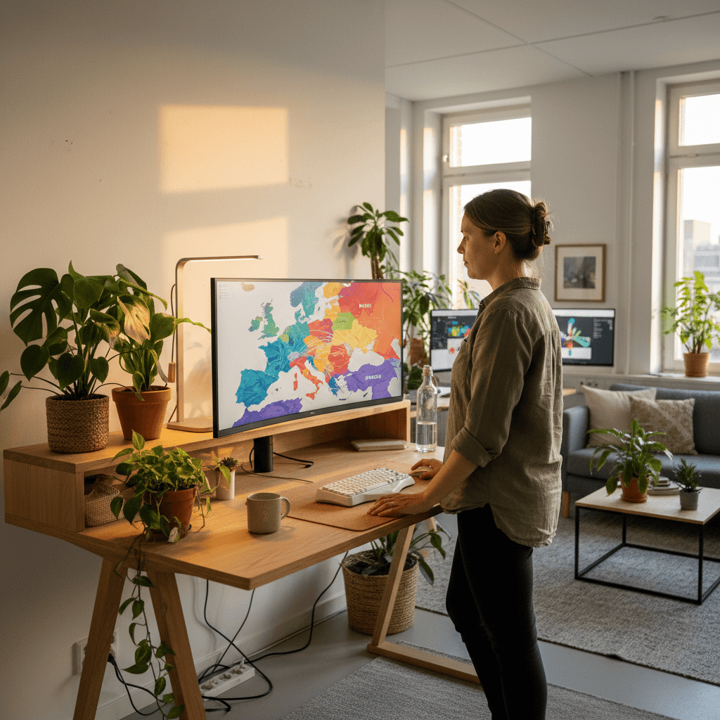 Map of Europe with distinct regional zones (DACH, UK, Nordics) connected by AI network lines, showing regional diversity rather than uniformity