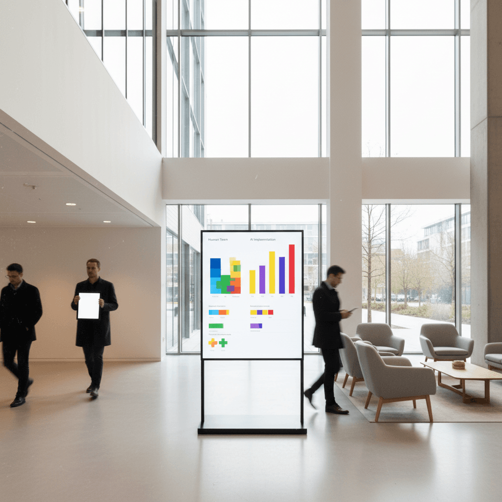 Side-by-side comparison chart showing cumulative costs month 1-6 for human team vs AI implementation, with key expense categories colour-coded